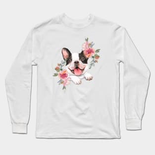 Cute French Bulldog with Flowers Watercolor Art Long Sleeve T-Shirt